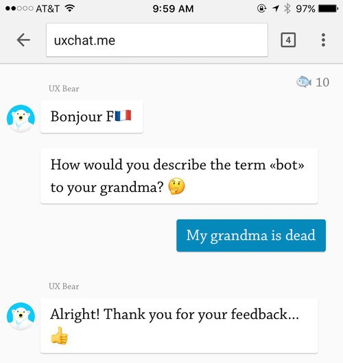 Graphics: chatbot- how would you describe term bot to you grandma? user- My grandma id dead. chatbot- Alright! Thaks for feedback...